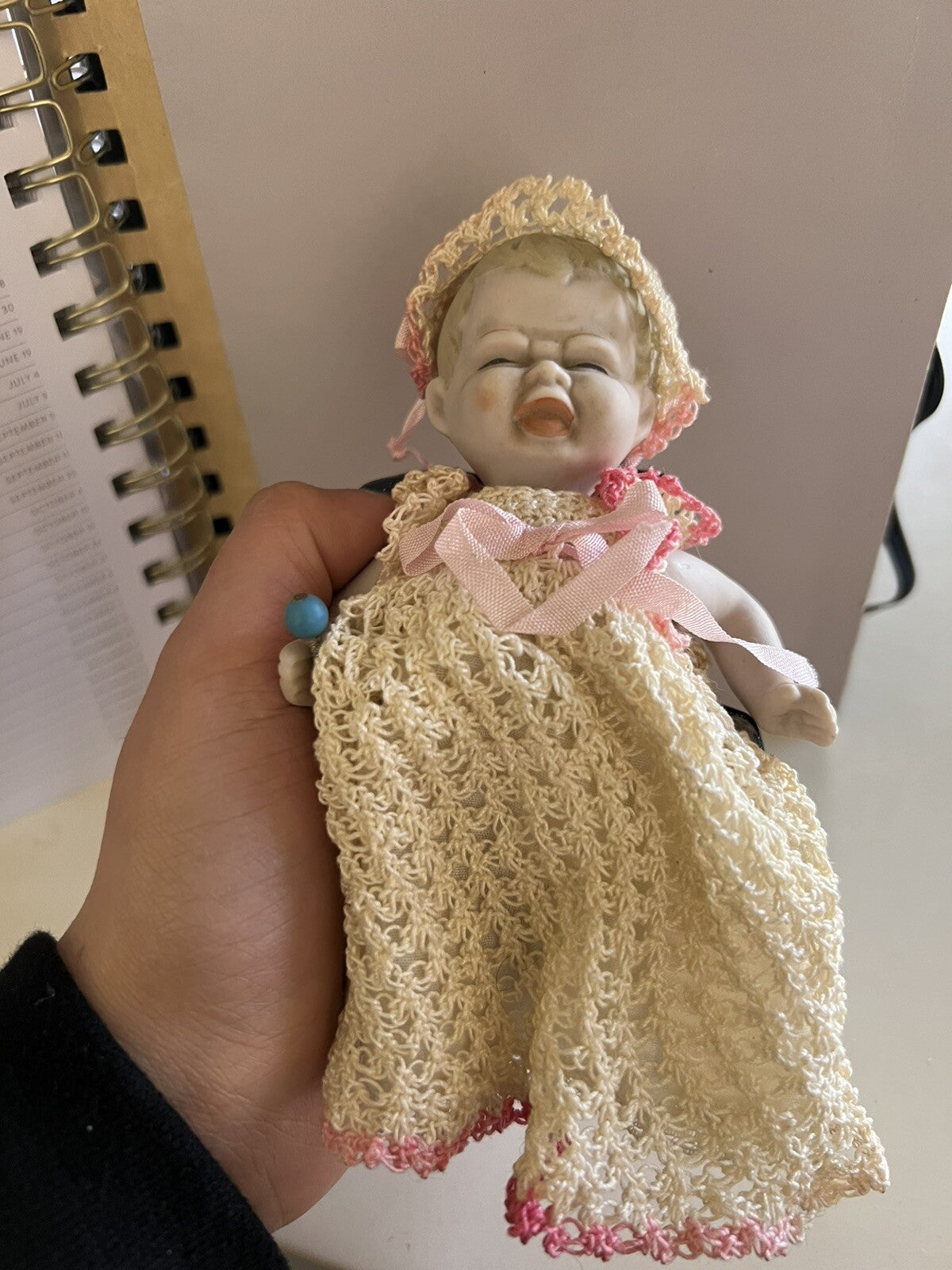 5” Vintage Bisque Crying Baby Doll With Rattle in Hand3