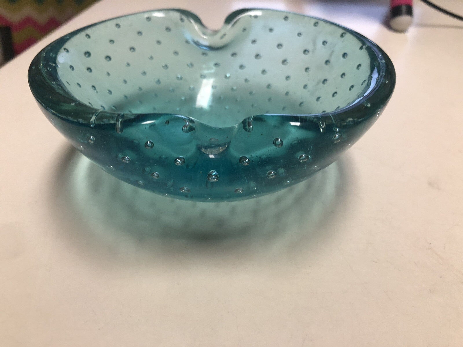 Vintage Art Glass Bubbles Glass Bowl Blue Green 4.5”x4”1