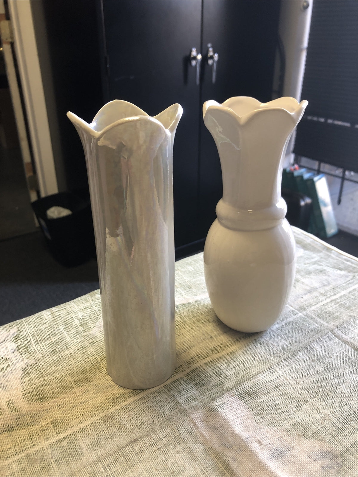 Lot Of 2 White Glass Vases 7” Tall Made In Taiwan0