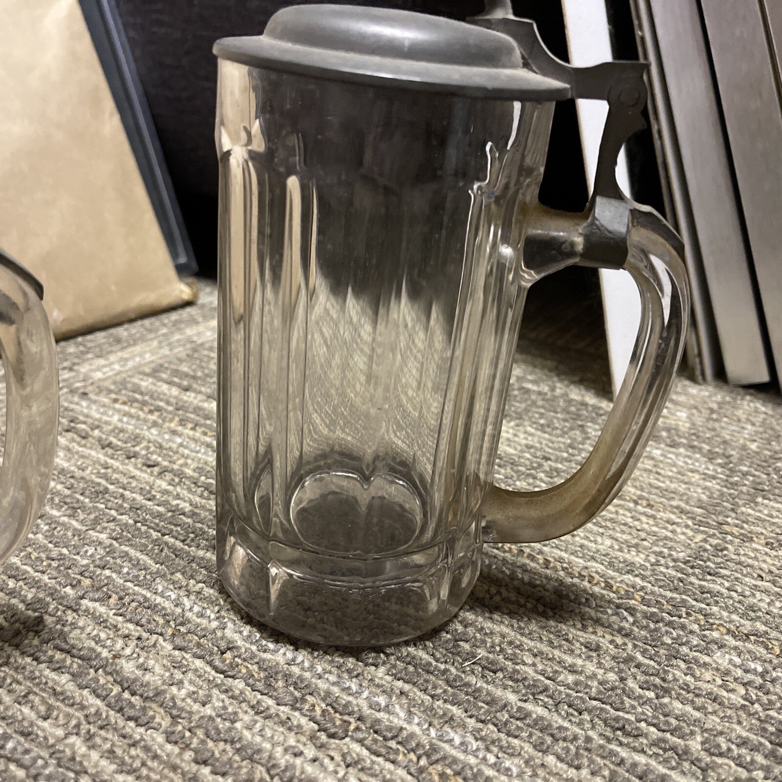 Antique lot of 2 Lidded Cut Glass Mug German Beer Stein pewter top2