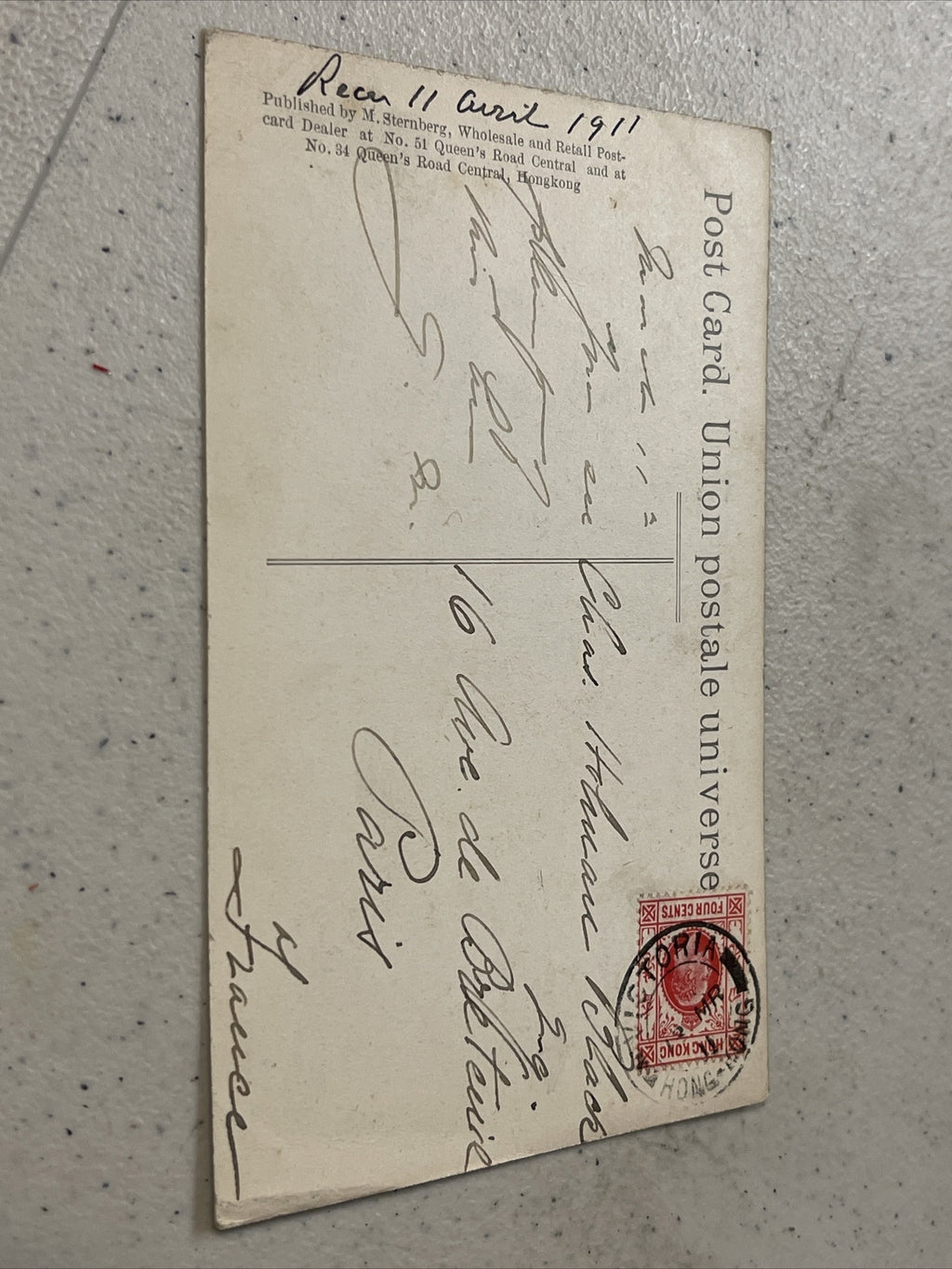 19011 Antique Union Postale Postcard HK To Paris Opium Smokers1