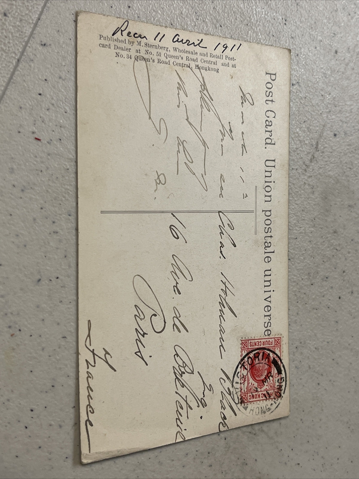 19011 Antique Union Postale Postcard HK To Paris Opium Smokers1