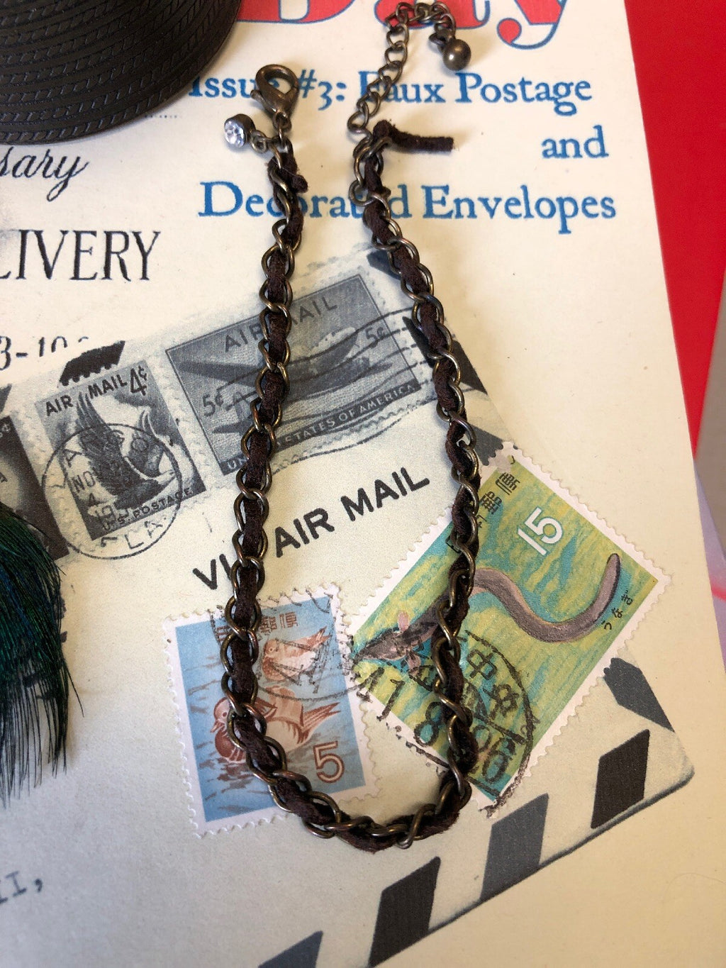 bronze Cuff Bracelet, Leather Choker, And Peacock Earring1