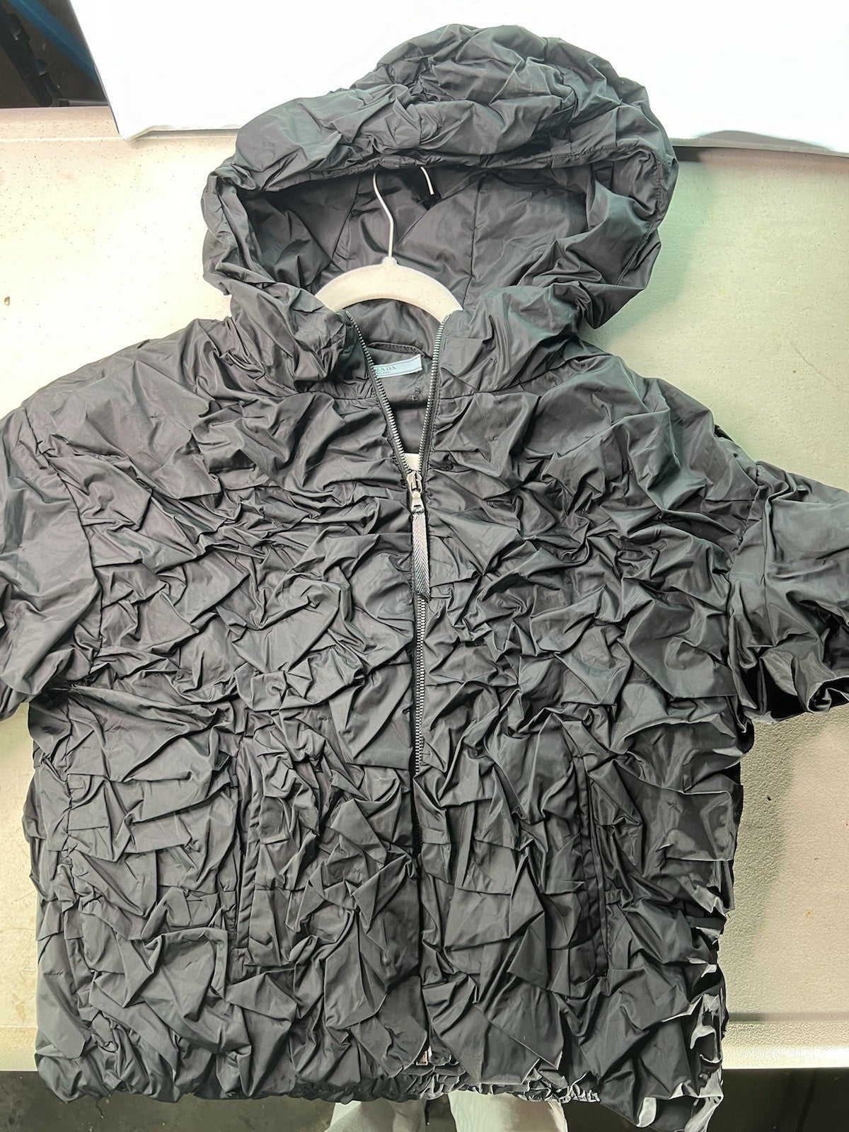 PRADA 2007 Ruffled Runched Pleated Nylon Hoodie Sz 38 S0