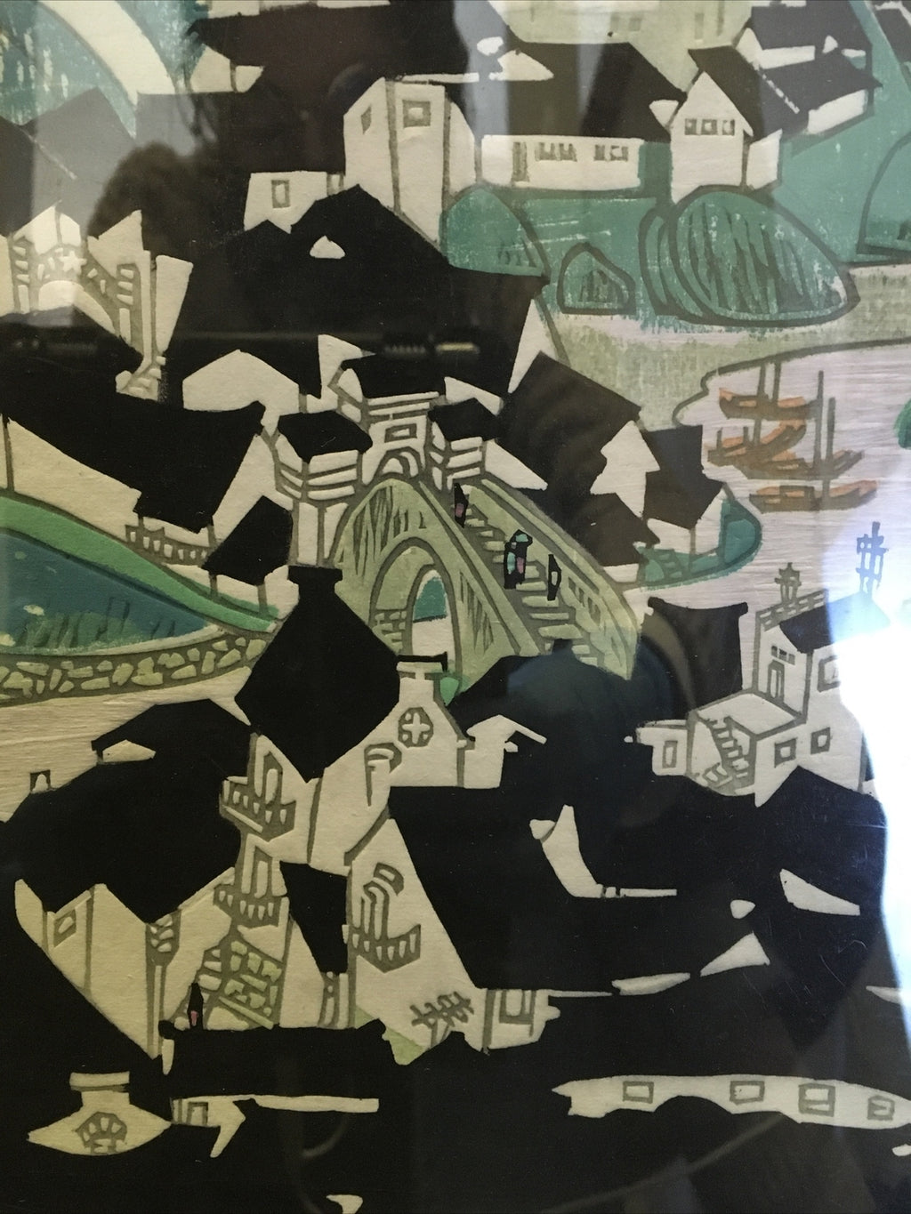 Antique Japanese Woodblock Big Print Signed 1967 Beautiful Colors Town Asian1
