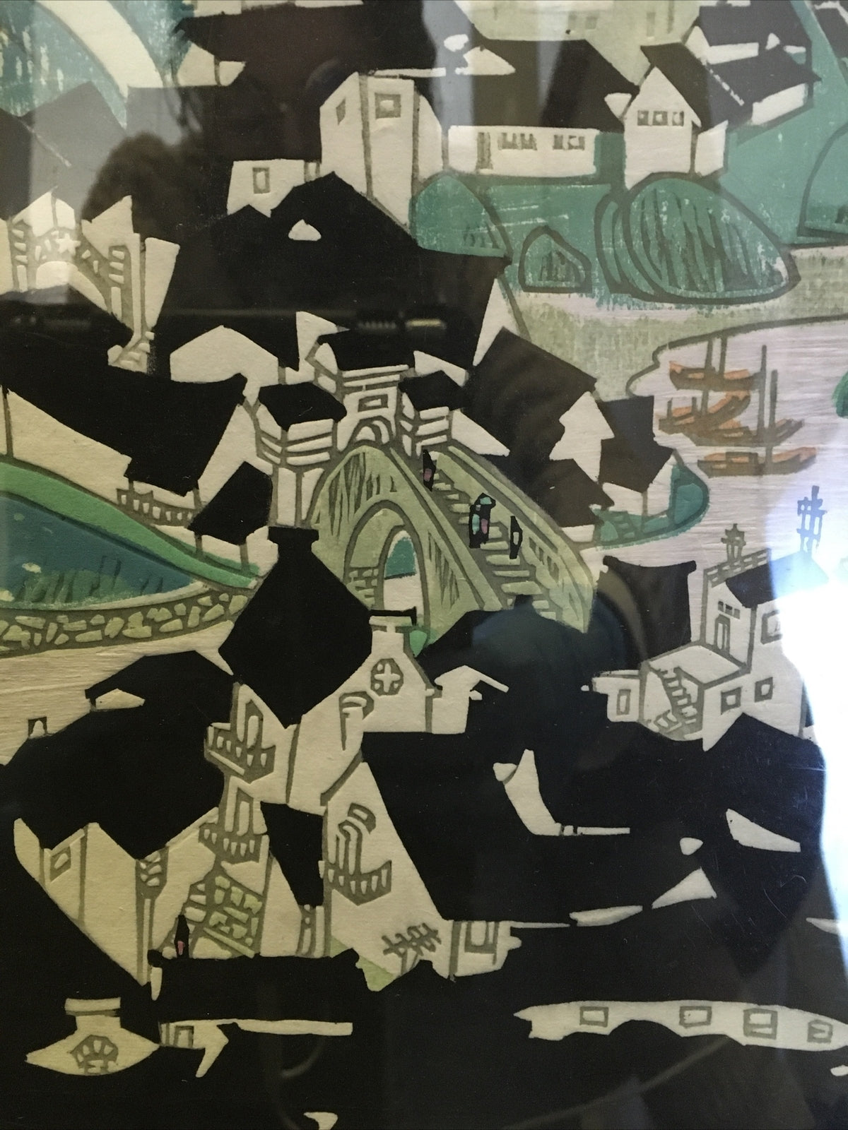 Antique Japanese Woodblock Big Print Signed 1967 Beautiful Colors Town Asian1