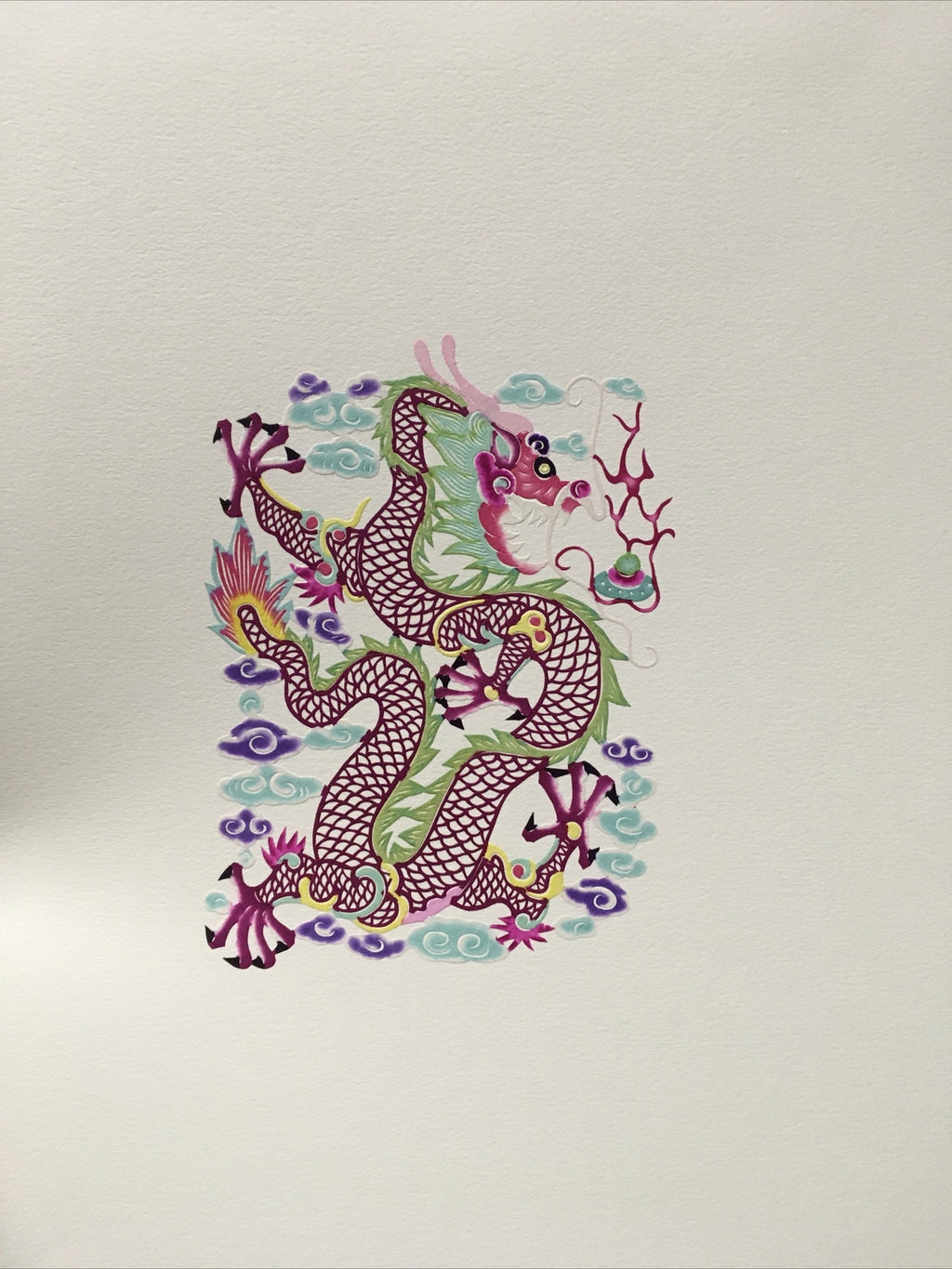 Antique Chinese paper cut detailed Hand Colored Dragon/Long With Pearl2