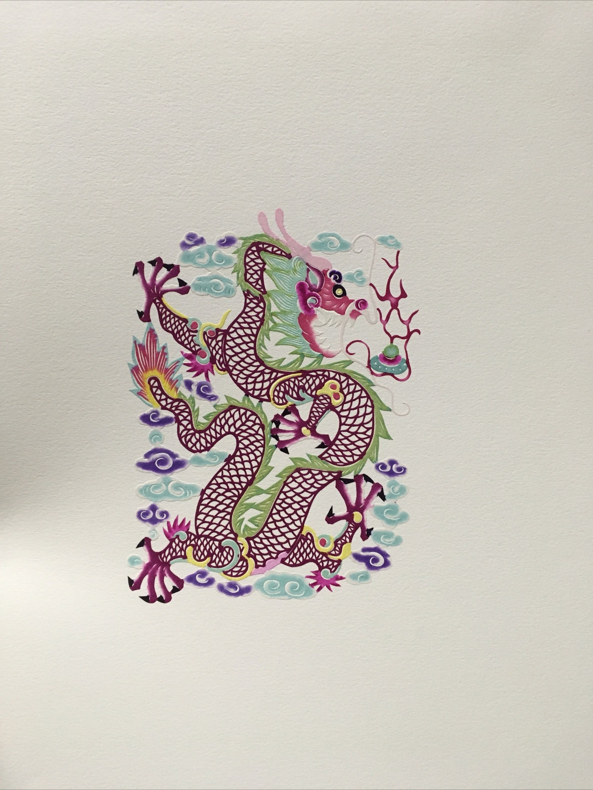 Antique Chinese paper cut detailed Hand Colored Dragon/Long With Pearl2