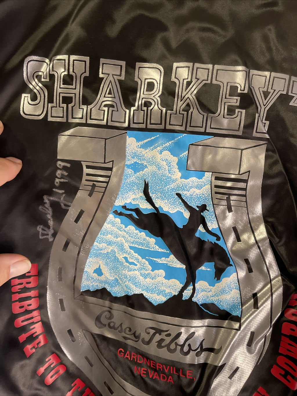 Vintage 1980s Sharkey’s Casino Nevada Casey Tibbs Rodeo Satin Jacket Signed XL3
