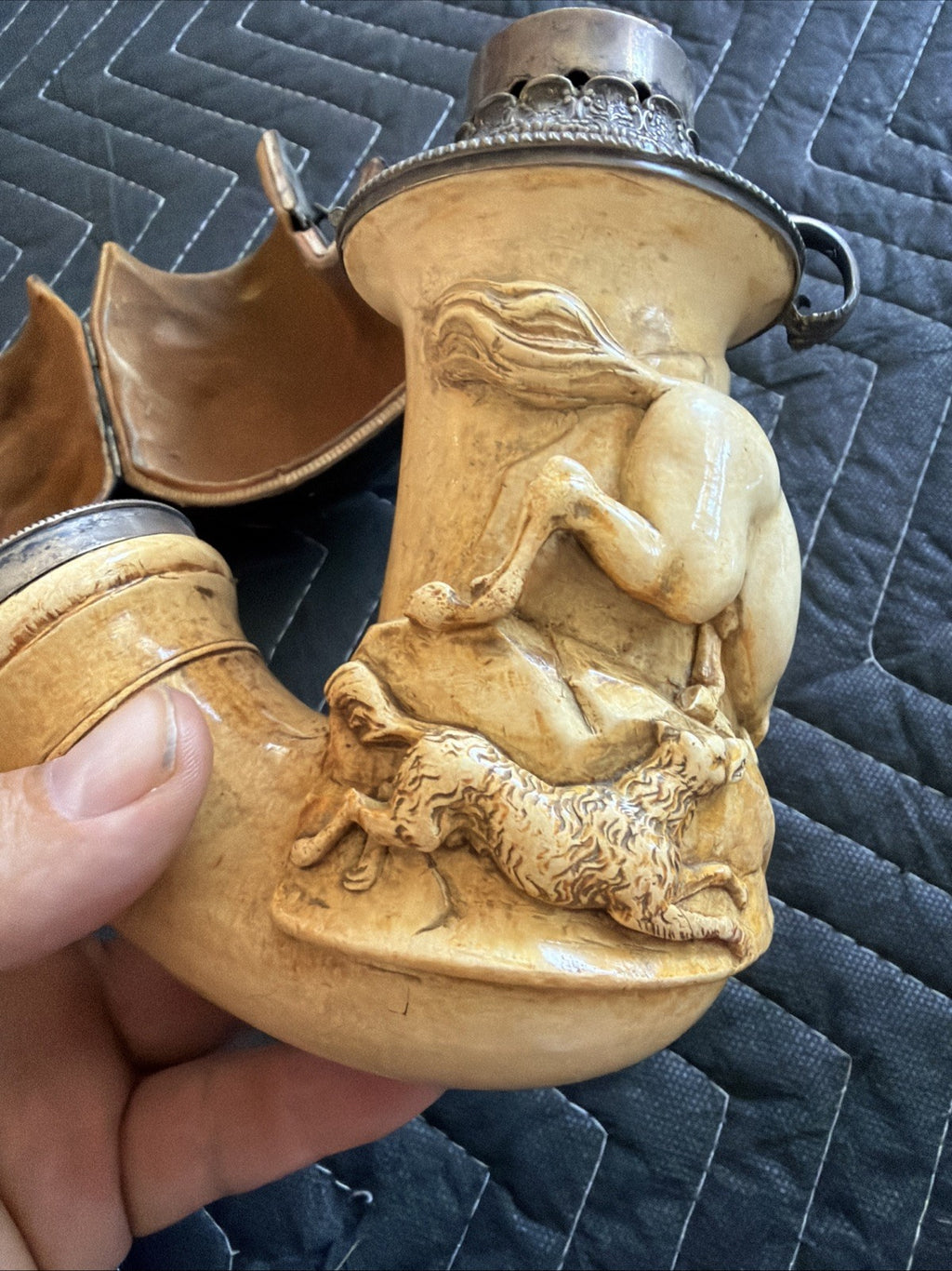 LARGE Antique 1800's hand carved W Sterling Silver meerschaum pipe Horse3
