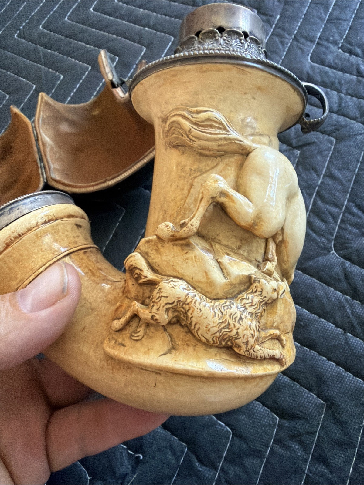 LARGE Antique 1800's hand carved W Sterling Silver meerschaum pipe Horse3