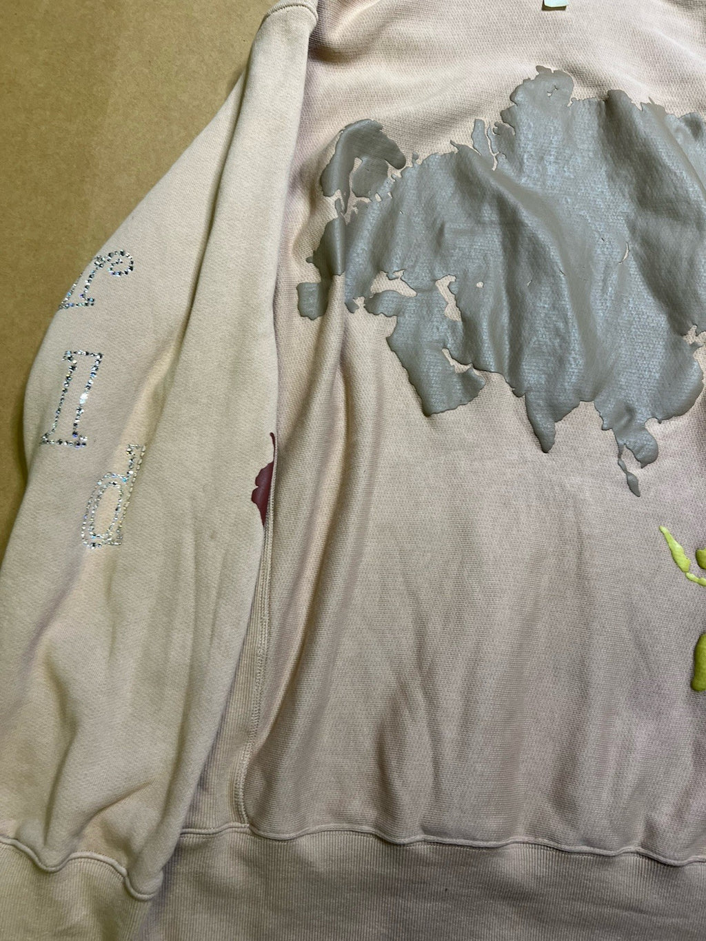 RARE ABC Advisory Board Crystals Hoodie XXL Beige Rhinestone Map Graphic Earth5