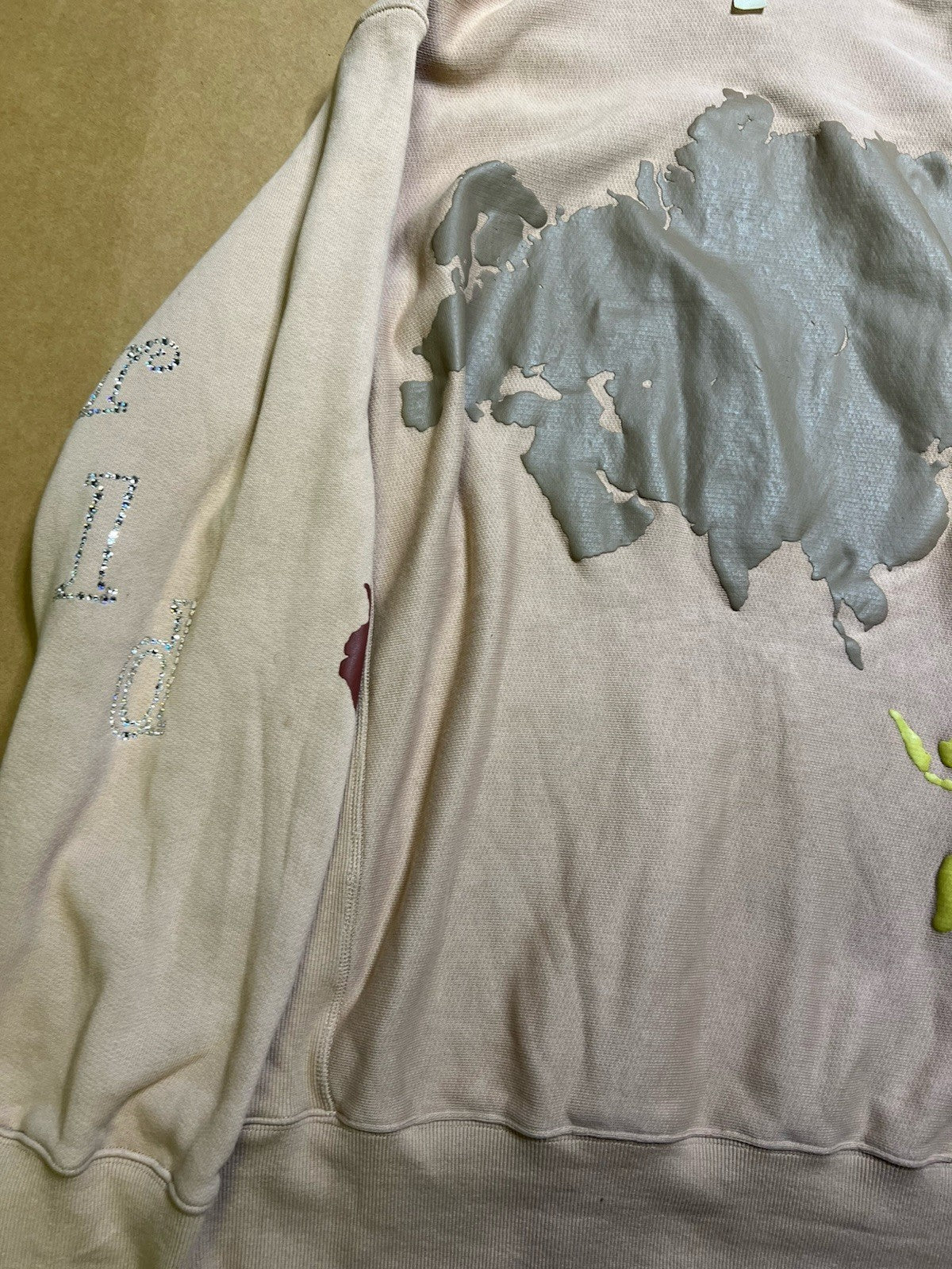 RARE ABC Advisory Board Crystals Hoodie XXL Beige Rhinestone Map Graphic Earth5