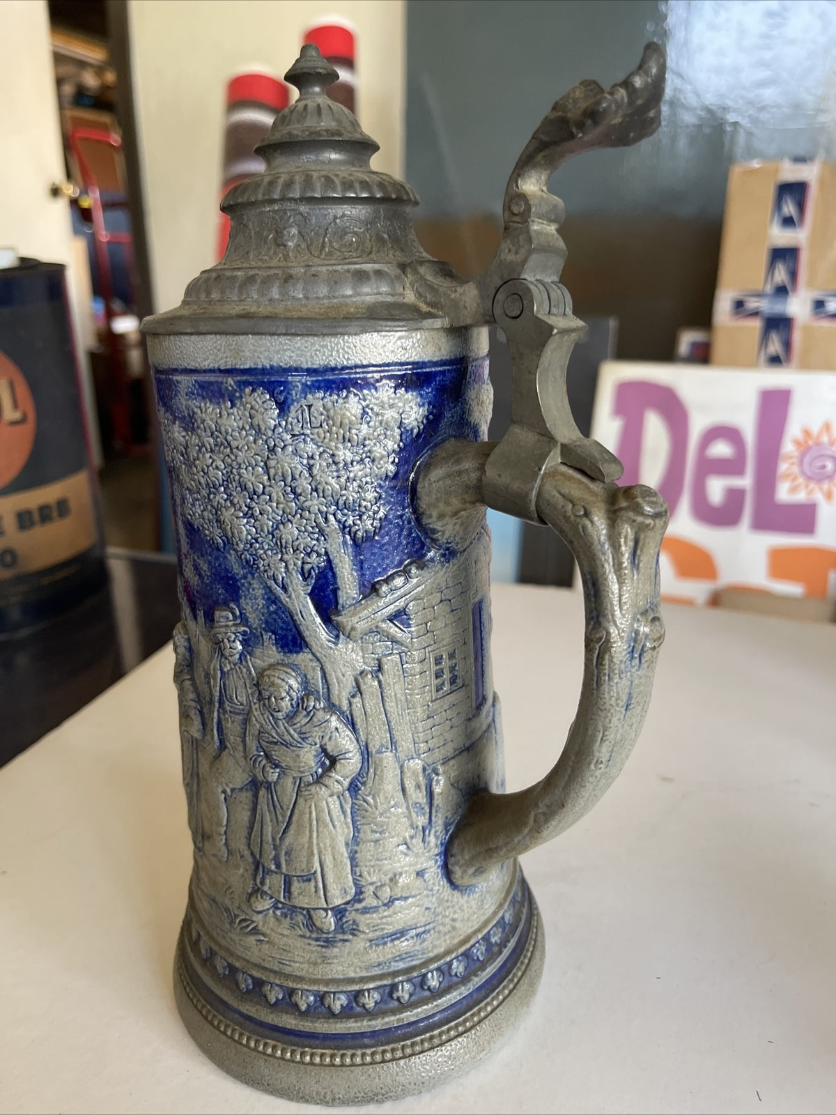 Large Antique Salt-Glazed 1L German Beer Stein Mug #1084 Cobalt Mug2