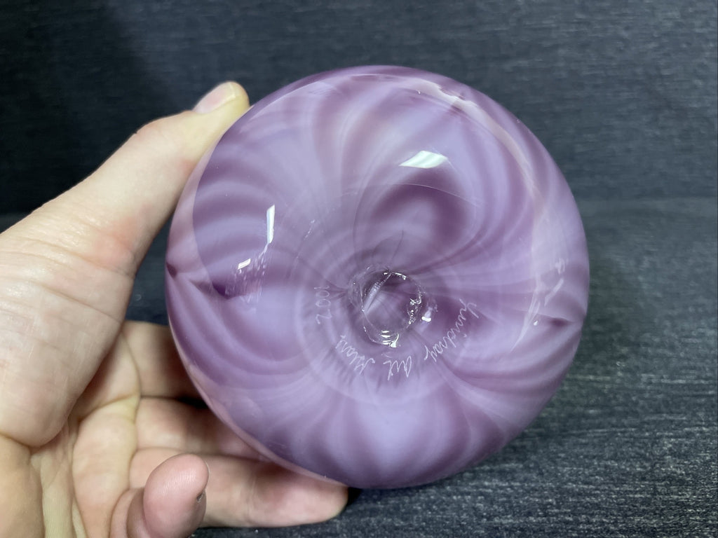 Signed David Lindsay Art Glass 2001 Studio Pink Purple Swirl Burst Paperweight3