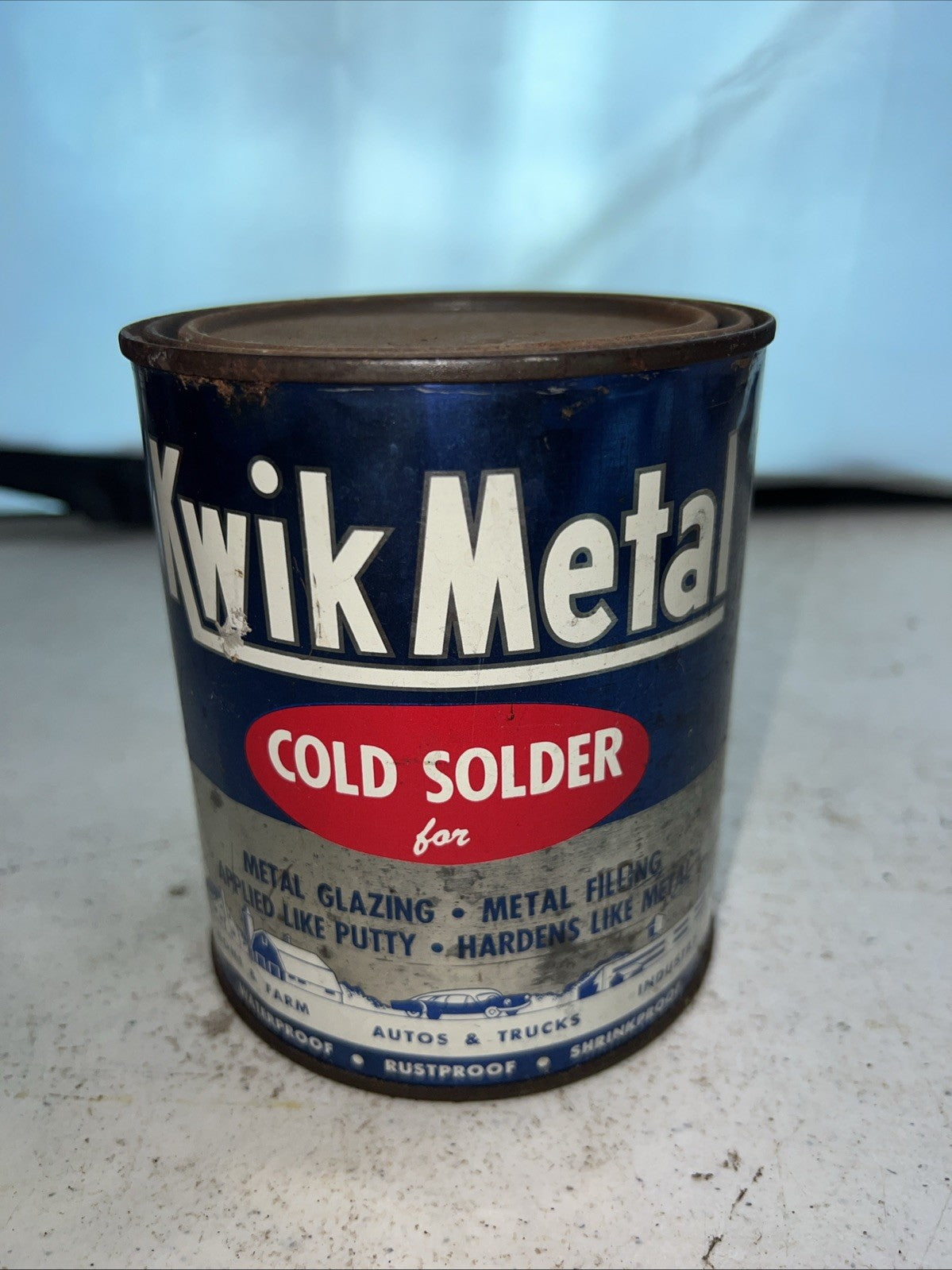 NOS Kwik Metal Cold Solder Can Glazing Filler Auto Body Putty Vintage0