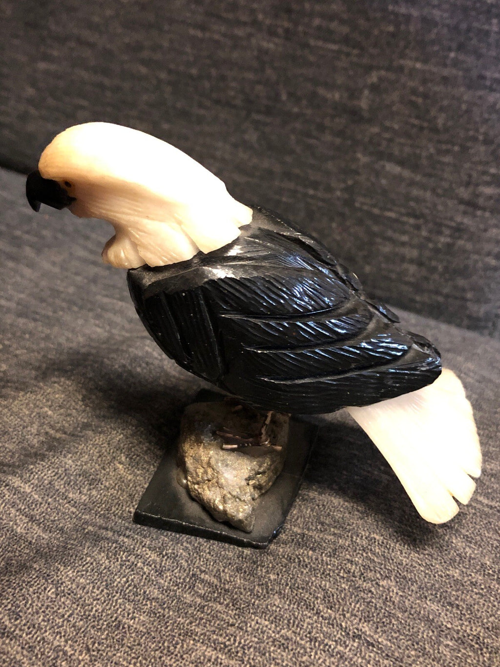 Black Onyx Snow Quartz Eagle Carved Bird Pyrite Crystal 3 1/2” Height, 4”W2
