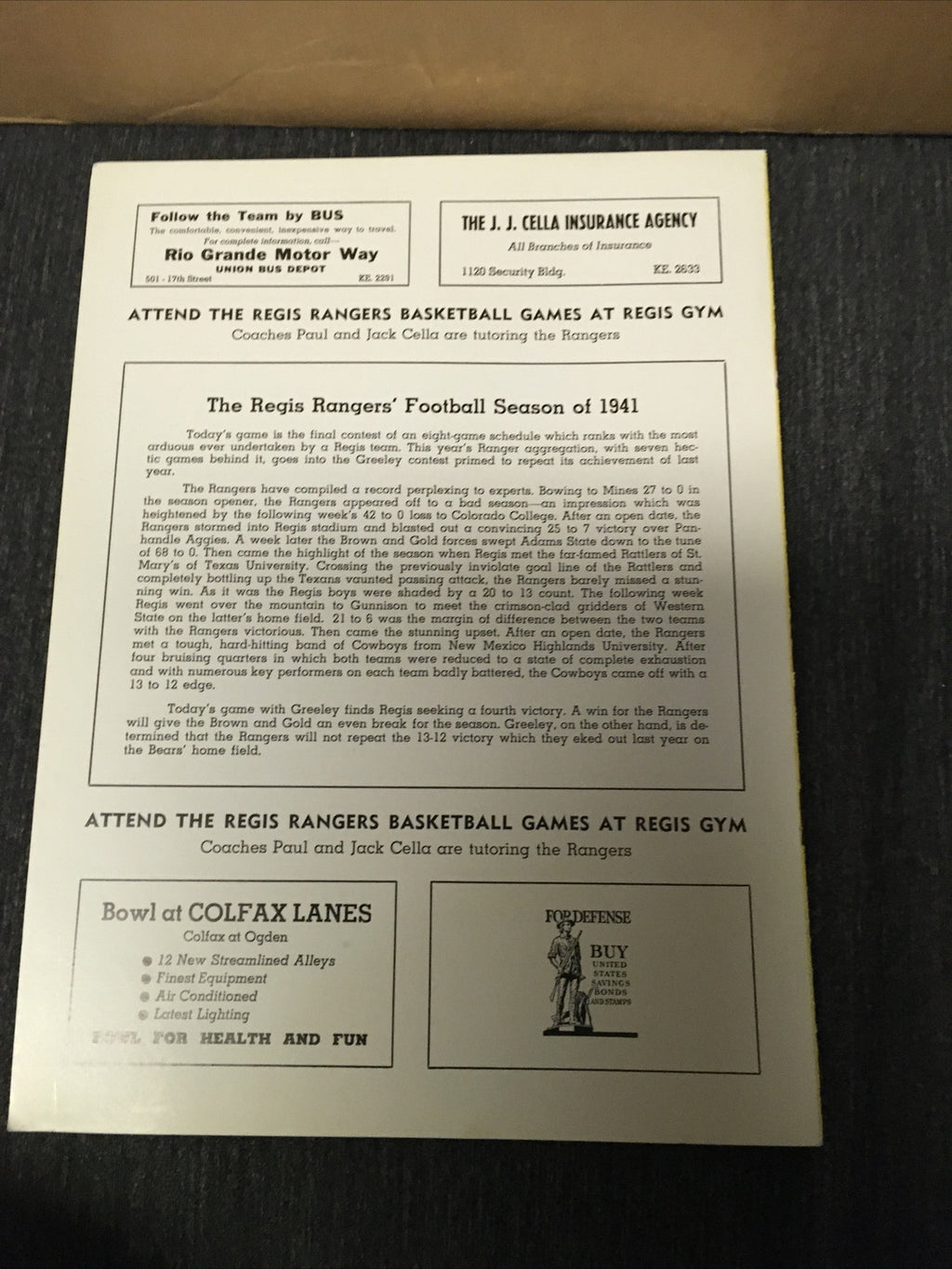 Vintage College Football Program 1941 Regis College vs Greely State Sports4