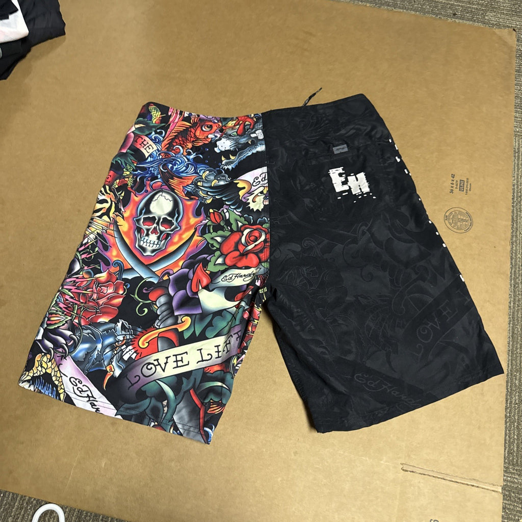 Ed Hardy Board Shorts Adult 36 Pray For Surf Swim Trunks Skull Rose Tiger Mens1