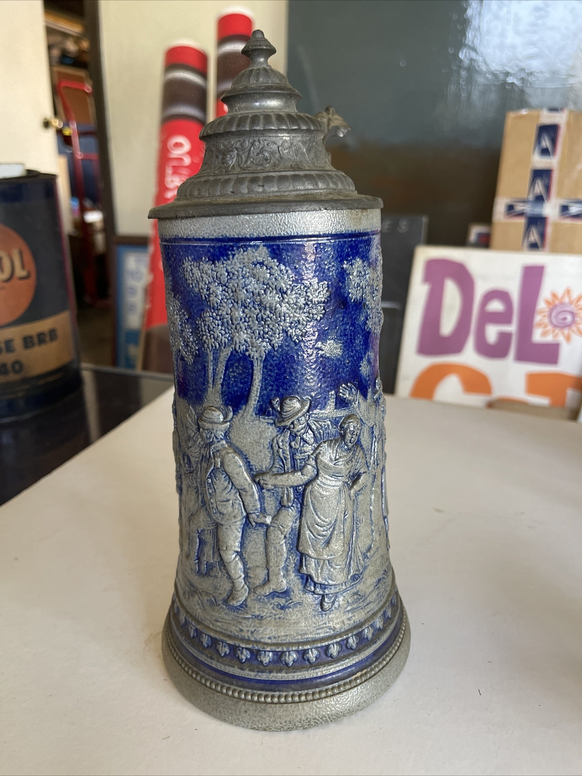 Large Antique Salt-Glazed 1L German Beer Stein Mug #1084 Cobalt Mug4
