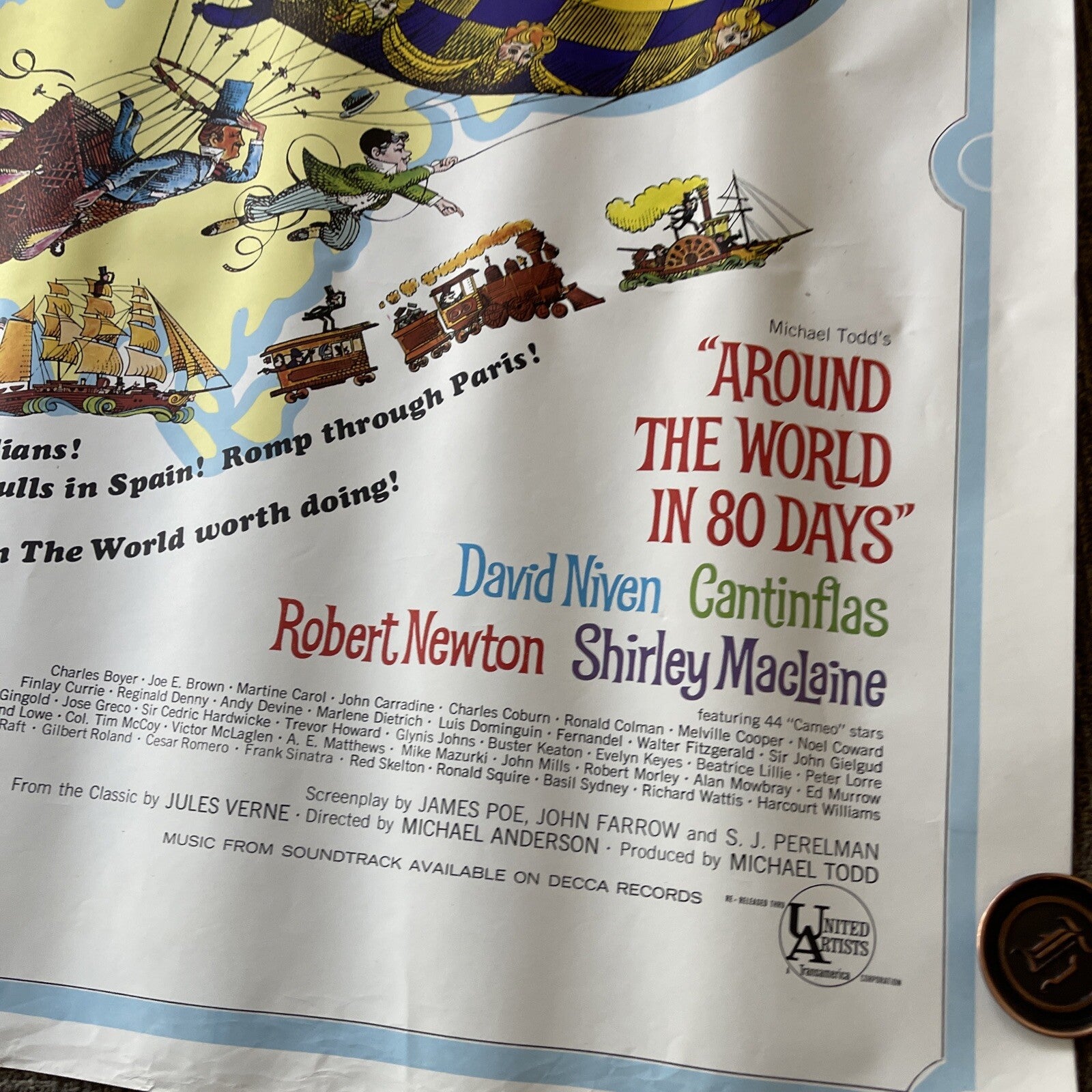 1968 Large AROUND  THE WORLD IN 80 DAYS  original U.S Theater Display Poster 60”7