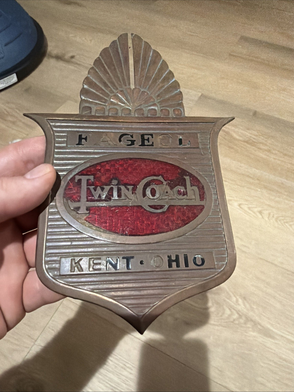 1950s Vintage Fageol Twin Coach Canada Bus Badge Enamel Plate Bronze Copper Sign0