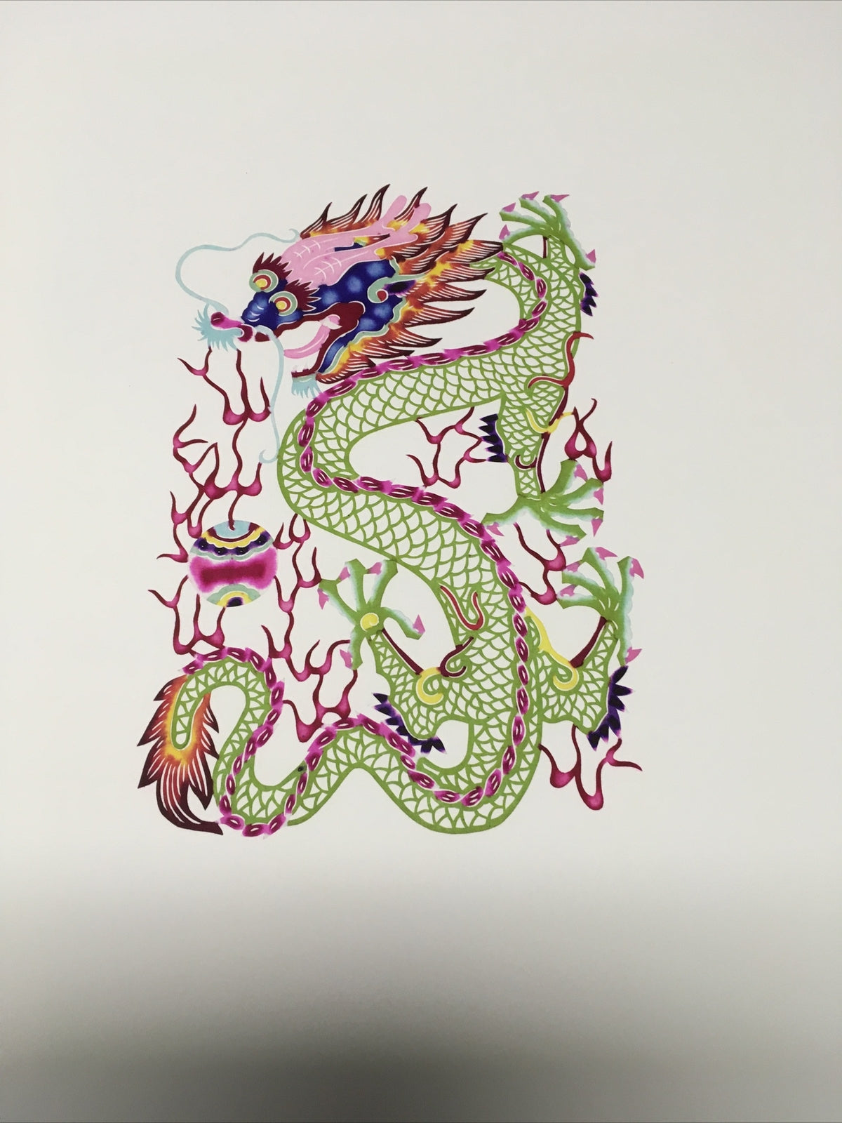 Antique Asian Chinese paper cut detailed Hand Colored Dragon/Long With Ball2