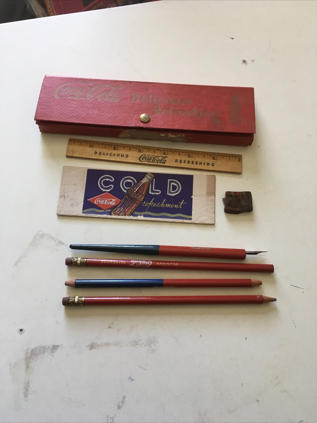 Rare 1937 COCA COLA COKE DELICIOUS REFRESHING PENCIL CASE With Pencils & Ruler0