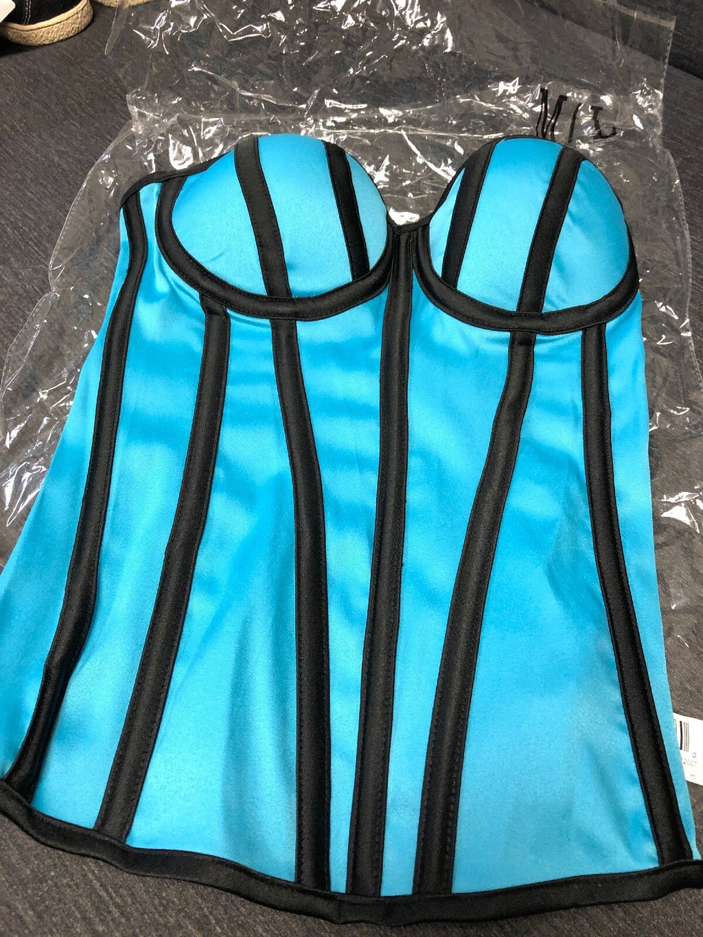 Skweez Couture Satin Boned Corset, Teal Blue/Black, M/L1