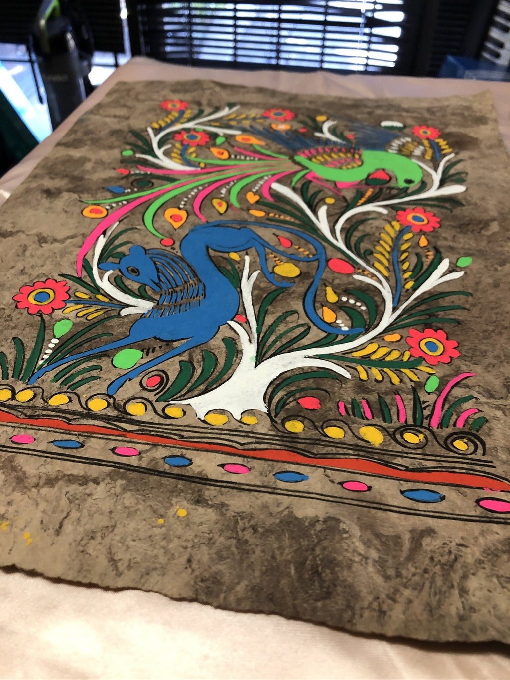 Vintage Amate Bark Paintings 16.5”x12” Hand Painted Folk Art Bird and Flowers3