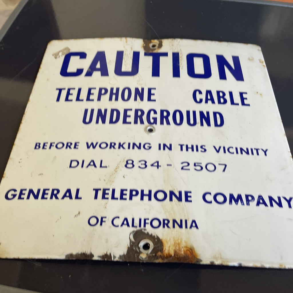 Cobalt Blue Porcelain Sign Caution Cable Underground General Telephone 12”0