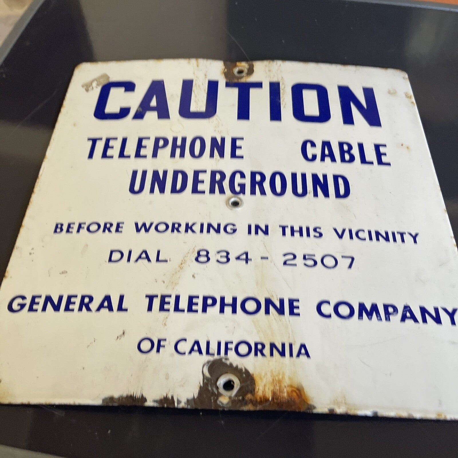 Cobalt Blue Porcelain Sign Caution Cable Underground General Telephone 12”0