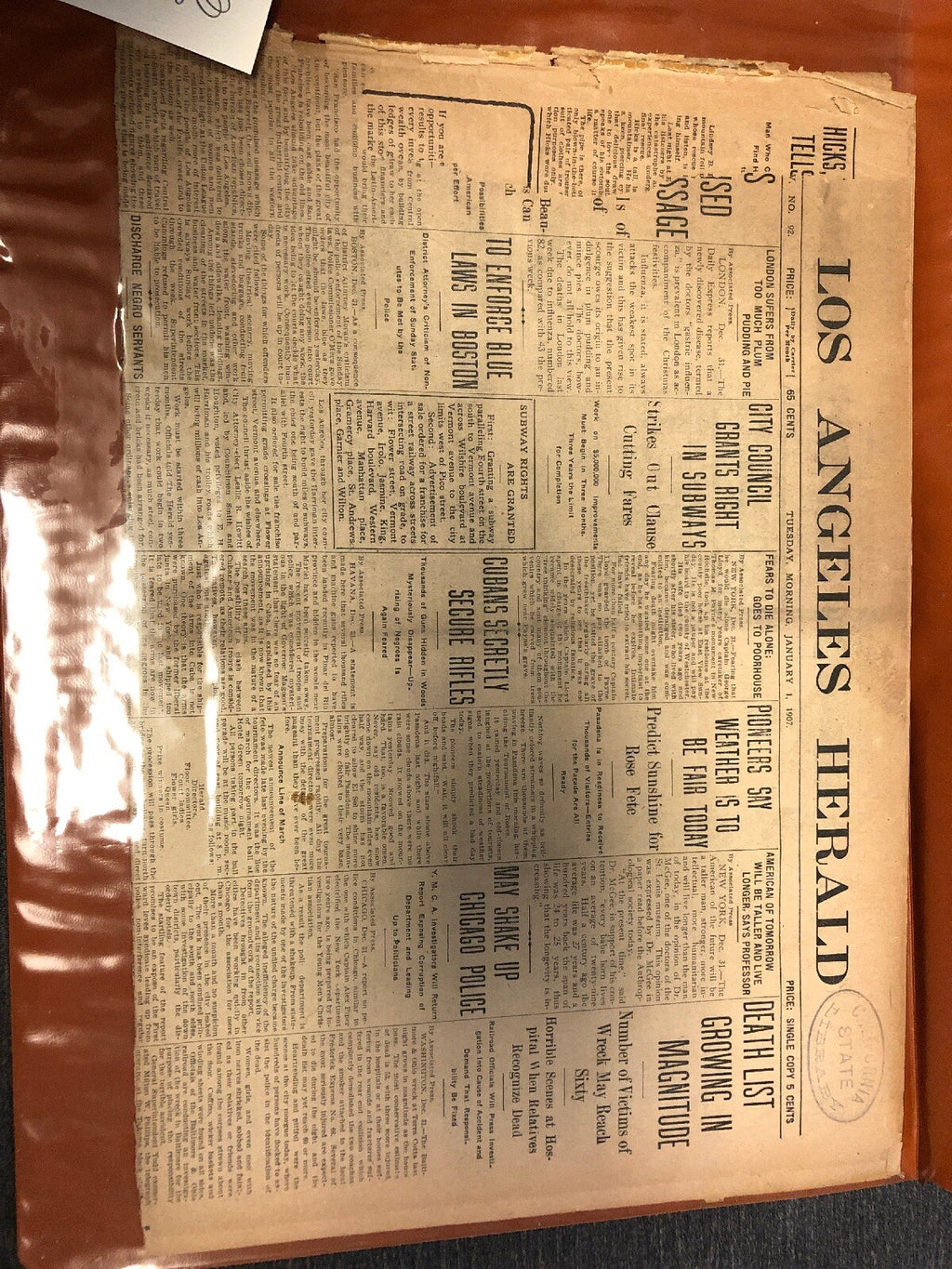 1907 VTG HERALD LOS ANGELES Newspaper And Certificate Authenticity Leather Cover3