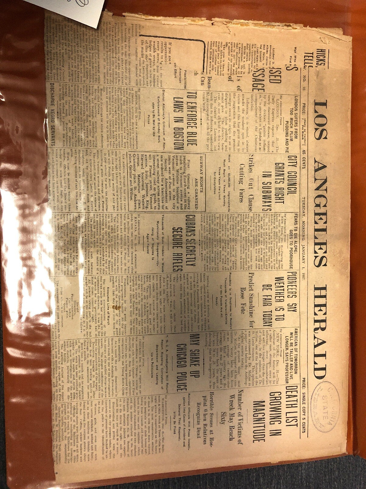 1907 VTG HERALD LOS ANGELES Newspaper And Certificate Authenticity Leather Cover3