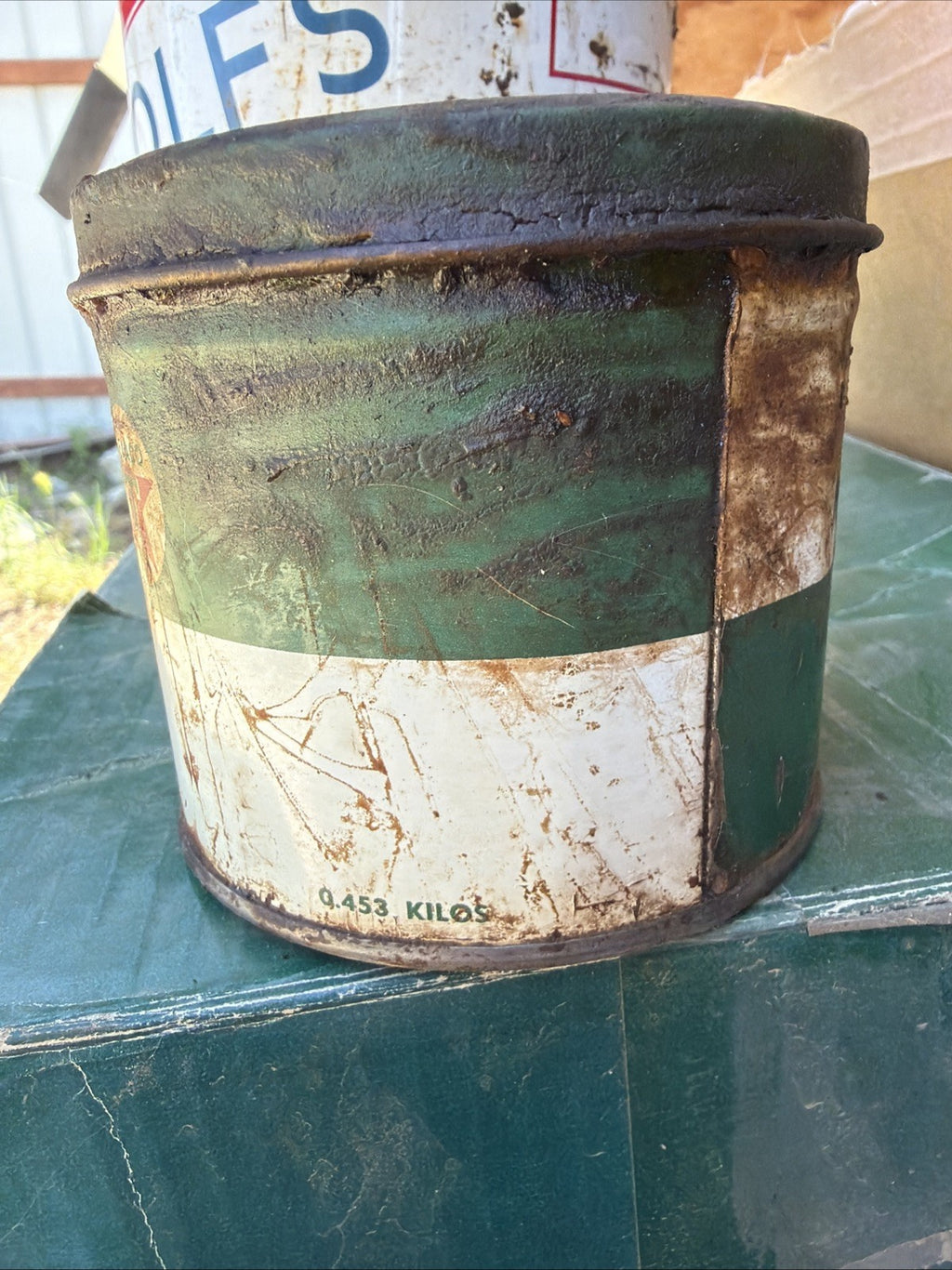 VINTAGE TEXACO MOTOR CUP GREASE METAL ONE POUND Quart TIN GREEN T Can4