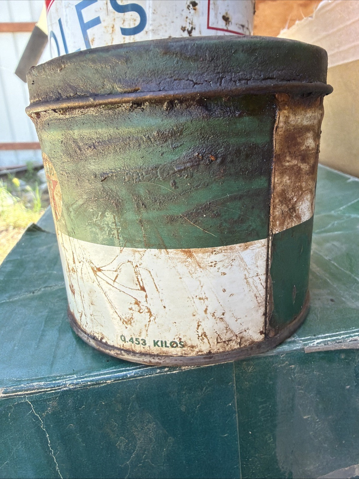 VINTAGE TEXACO MOTOR CUP GREASE METAL ONE POUND Quart TIN GREEN T Can4