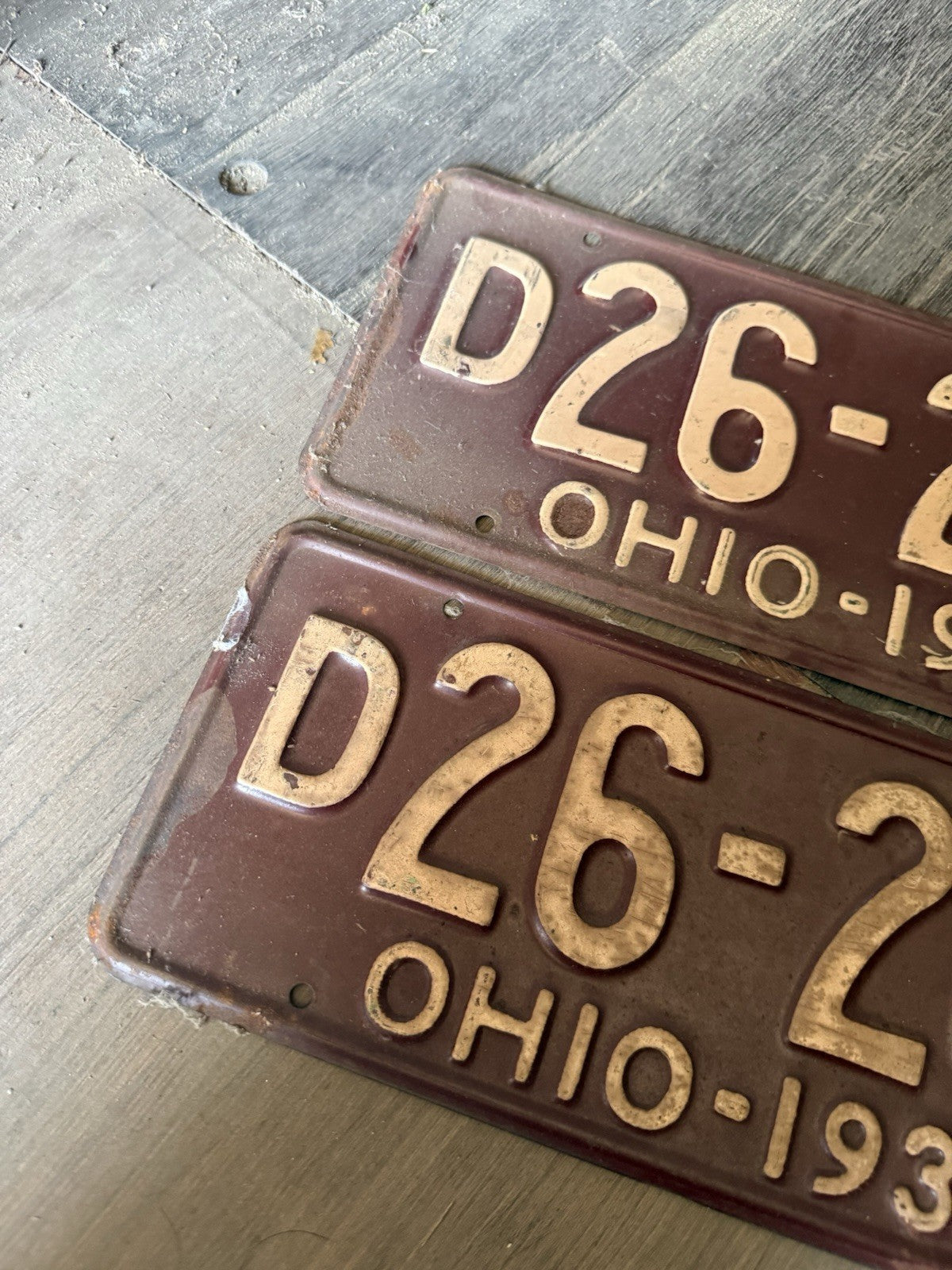 Vintage 1934 Ohio License Plate Matching Pair - Original Maroon & White3