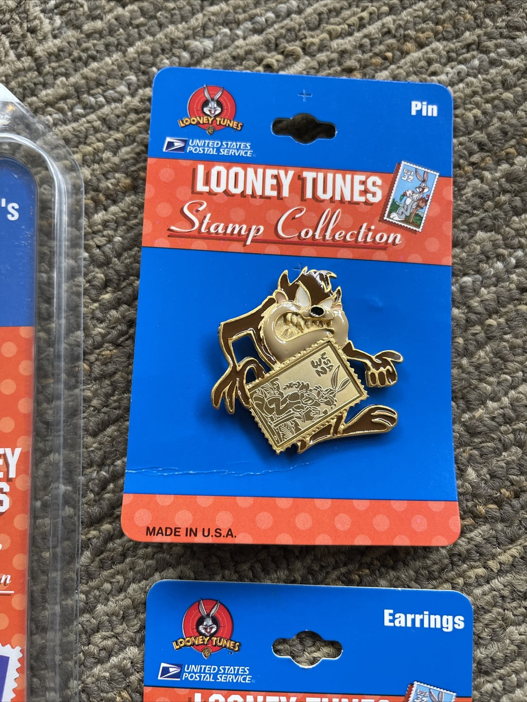 Vintage Looney Tunes Tasmanian Devil Stamp Collection Earrings Pin Pen Lot Of 33