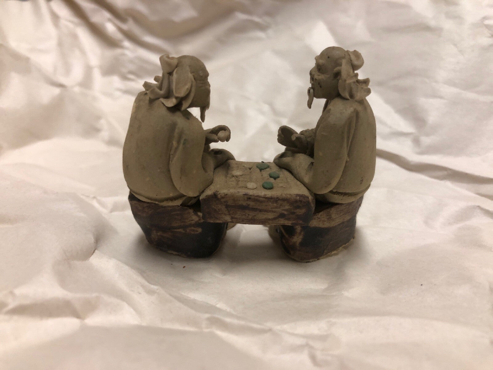 2 Lot Vintage Mudman Chinese Pottery Figurine Statue Men Playing Chess Checkers2