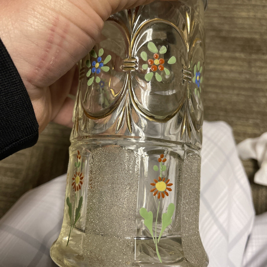 Antique Lidded Cut Glass Mug painted German Beer Stein pewter top 9”4