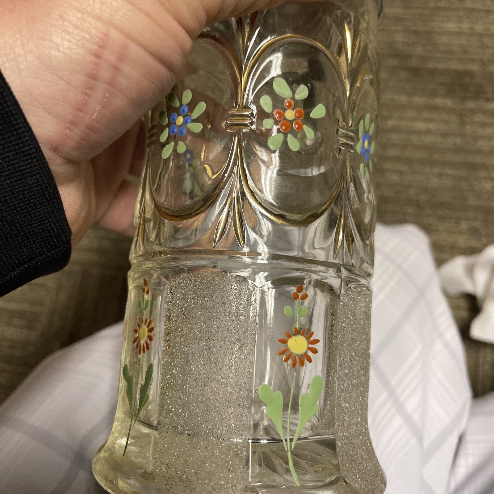 Antique Lidded Cut Glass Mug painted German Beer Stein pewter top 9”4