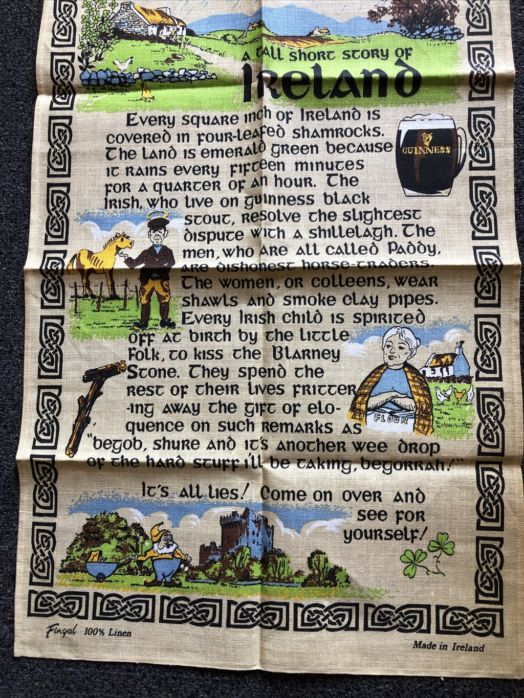 Vintage Pure Linen “A Tall Short Story Of Ireland” Made in Ireland 30”x19”5