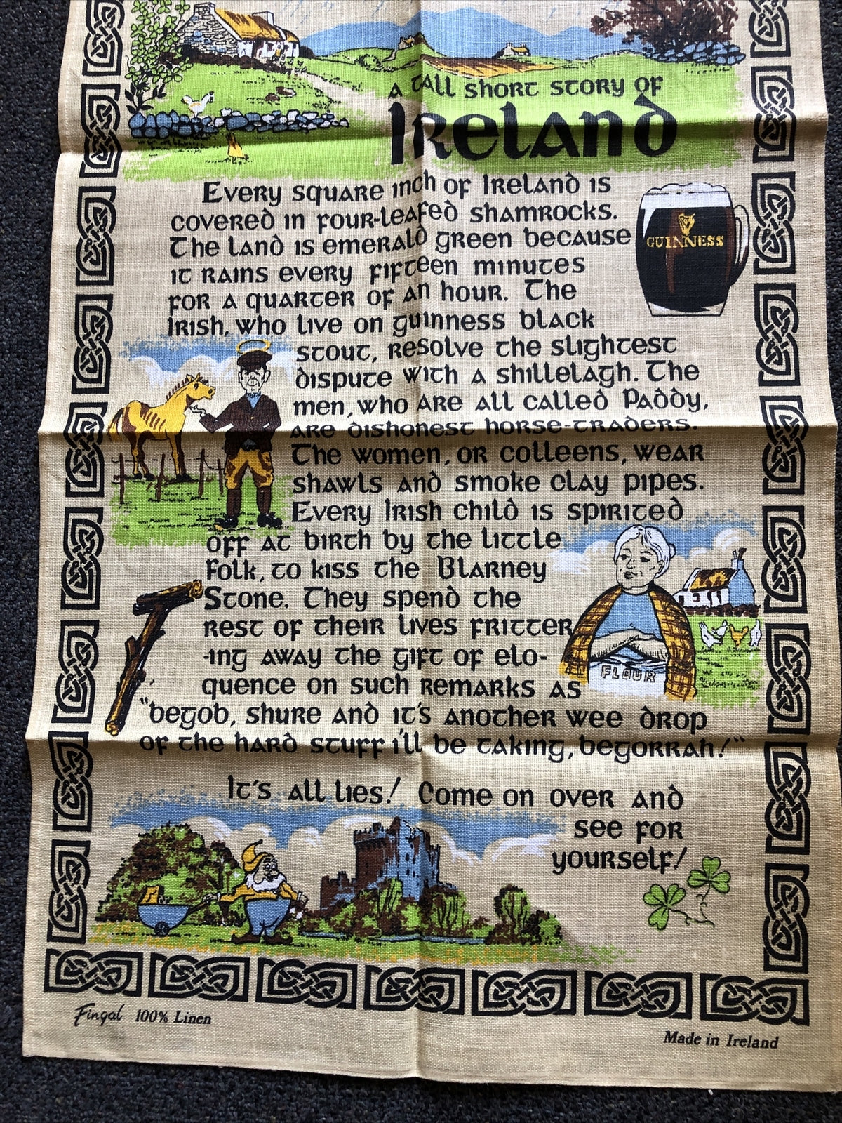 Vintage Pure Linen “A Tall Short Story Of Ireland” Made in Ireland 30”x19”5