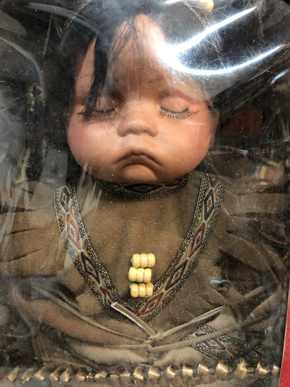 Swan Collection  Original Baby Native American Porcelain Doll In Basket1