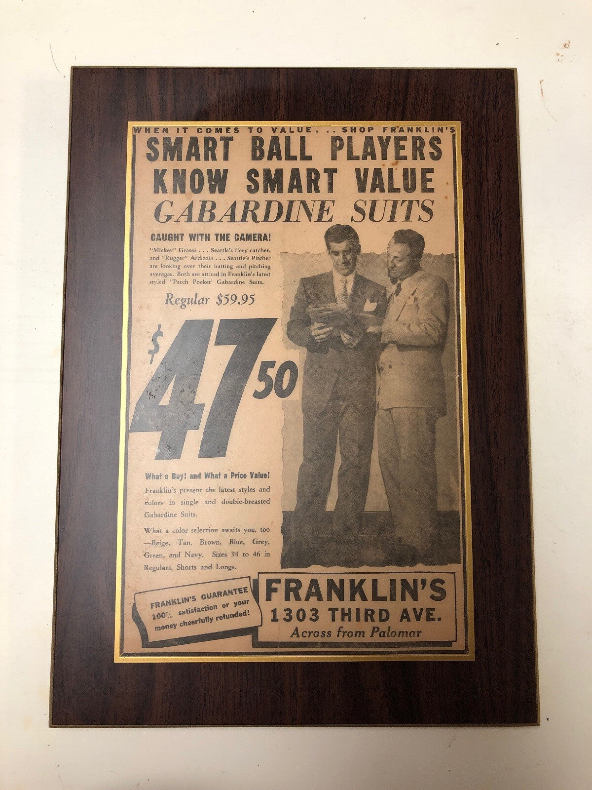Vintage Baseball Commercial Columm Franklin Suits Ad W/ Mickey Rugger Yankees0
