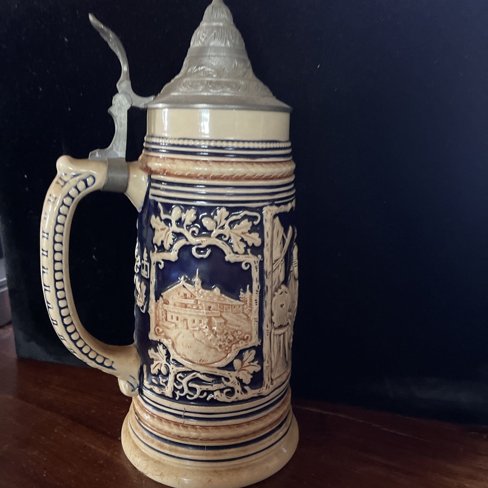 Antique German Germany pre WW1 signed Porcelain Lidded Beer Stein Mug 10.5”3