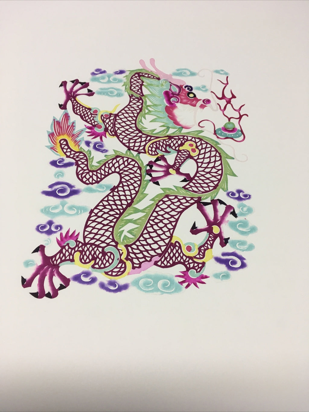 Antique Chinese paper cut detailed Hand Colored Dragon/Long With Pearl0
