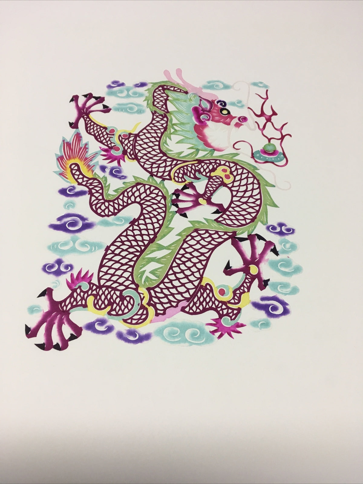 Antique Chinese paper cut detailed Hand Colored Dragon/Long With Pearl0