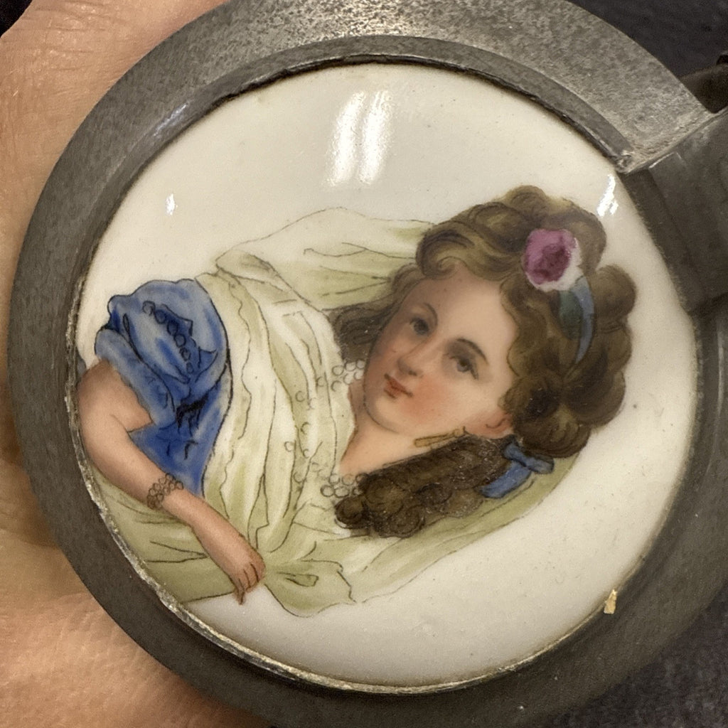 Antique German Etched Glass Porcelain Girl Beer Heavy Crystal Stein4