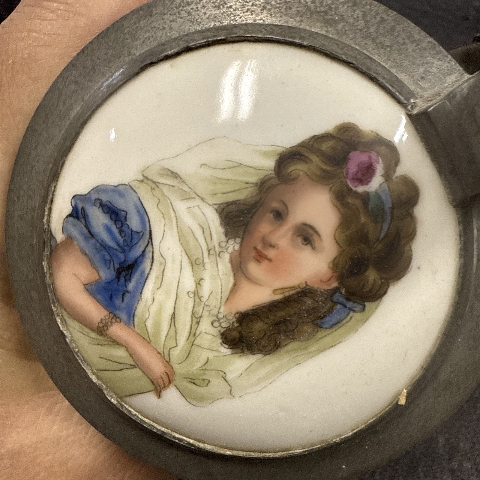 Antique German Etched Glass Porcelain Girl Beer Heavy Crystal Stein4
